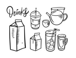 Drinks elements set. Doodle style. Teapot, milk, juice and more drinks vector