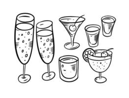 Alcohol drinks objects set. Black color doodle elements. vector