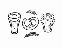 Beer mugs and pretzel. Hand drawn doodle style vector art.