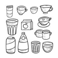 Hand drawn doodle elements set drinks. Glasses, bottle and mug objects. vector