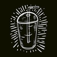 Drink in transparent glass on black chalkboard. Hand drawn outline sketch art doodle style vector illustration.