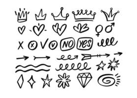 Clipart doodle design elements set. Hand drawn black color vector signs.