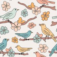 cute romantic seamless vector pattern background illustration with pastel colorful birds on tree branches with flowers