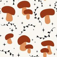 cute abstract autumn fall seamless vector pattern background illustration with brown mushrooms, black stars and branch with leaves