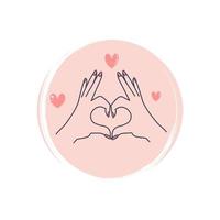 Cute logo or icon vector with romantic hands showing heart shape gesture, illustration on circle with brush texture, for social media story and highlights