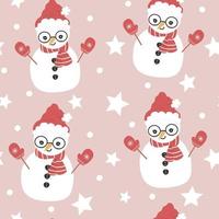 cute winter holidays seamless vector pattern illustration with cartoon character snowman, stars and snow on pink background