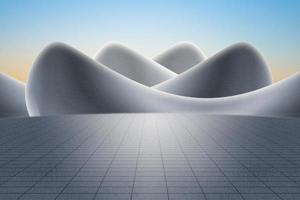 Empty concrete asphalt floor plaza and gray abstract curved walls. 3D rendering of modern architecture with clear sky background. photo