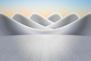 Empty concrete asphalt floor plaza and gray abstract curved walls. 3D rendering of modern architecture with clear sky background. photo