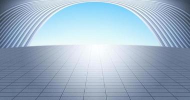 Modern silver curved building with ground, with bright sky background. 3D rendering illustration. photo