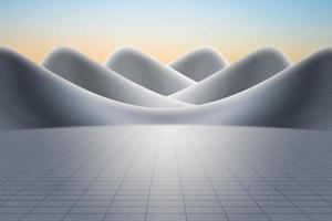 Empty concrete asphalt floor plaza and gray abstract curved walls. 3D rendering of modern architecture with clear sky background. photo