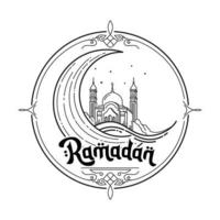 Celebration of the holy month of Ramadan, featuring a mosque and crescent moon depicted in a minimalist line art style. vector