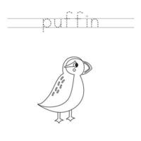 Trace the letters and color cartoon puffin. Handwriting practice for kids. vector