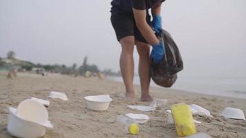 vicino su. volontari camminare e raccogliere su spazzatura su il spiaggia. addetto alle pulizie raccolta spazzatura su il nero sabbia spiaggia in bianca plastica borse. volontari pulizia il spiaggia. riordino su sciocchezze su il spiaggia video