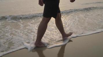 desnudo pies de un hombre caminando en el arena de un costa. un mar ola con espuma lavados el desnudo pies de un hombre caminando despacio a lo largo el arena. video