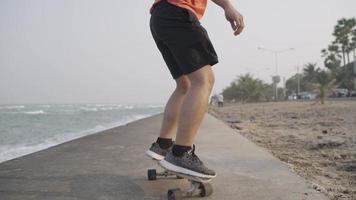 A Man Skateboarder skateboarding along the concrete street on a summer day on the beach chasing away seagulls. Skateboard deck and wheels spinning on a pavement near the sea video