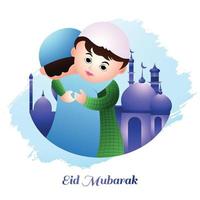 niños musulmanes personas abrazándose y deseando fondo de celebración de eid mubarak vector