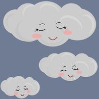 Cartoon clouds sleeping smile happy face isolated in blue sky vector collection. white cloud illustration.