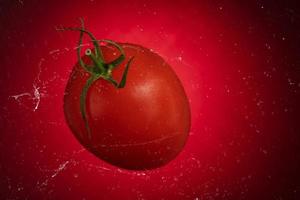 Red tomato with water drops on a red background. Tomato isolated on red background photo