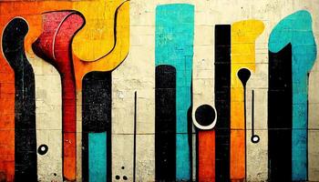 , Street art with keys and musical instruments silhouettes. Ink colorful graffiti art on a textured paper vintage background, inspired by Banksy photo