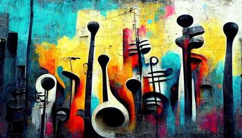 , Street art with keys and musical instruments silhouettes. Ink colorful graffiti art on a textured paper vintage background, inspired by Banksy photo