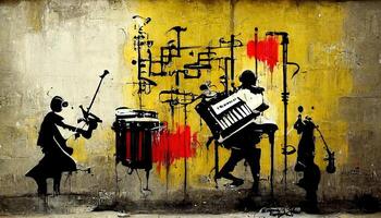 , Street art with keys and musical instruments silhouettes. Ink graffiti art on a textured paper vintage background, inspired by Banksy photo