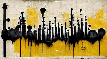 , Street art with keys and musical instruments silhouettes. Ink graffiti art on a textured paper vintage background, inspired by Banksy photo