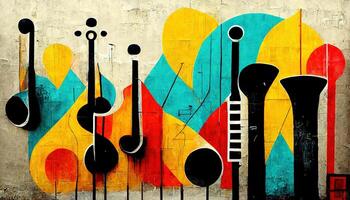 , Street art with keys and musical instruments silhouettes. Ink colorful graffiti art on a textured paper vintage background, inspired by Banksy photo