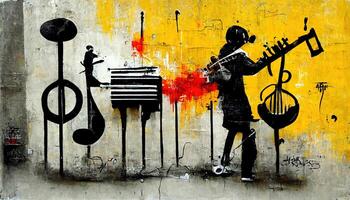 , Street art with keys and musical instruments silhouettes. Ink graffiti art on a textured paper vintage background, inspired by Banksy photo