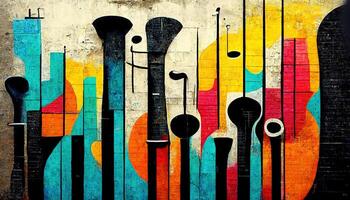 , Street art with keys and musical instruments silhouettes. Ink colorful graffiti art on a textured paper vintage background, inspired by Banksy photo