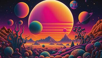 , Alien planet landscape. Psychedelic Space banner template, background. Horizontal illustration of the future with mountains, planets, trees, moon. Surrealist escapism. photo