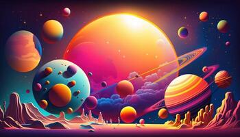 , Alien planet landscape. Psychedelic Space banner template, background. Horizontal illustration of the future with mountains, planets, trees, moon. Surrealist escapism. photo