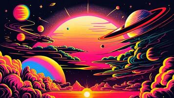 , Psychedelic Space banner template, nostalgic 80s, 90s background. Horizontal illustration of the future landscape with mountains, planets, trees, moon. Surrealist escapism concept. photo