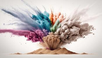 , Flowing isolated colorful sand and powder with splashes. Bright banner, 3D effect, modern macro realistic abstract background illustration, white background. photo