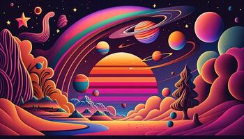 , Psychedelic Space banner template, nostalgic 80s, 90s background. Horizontal illustration of the future landscape with mountains, planets, trees, moon. Surrealist escapism concept. photo