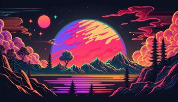 , Psychedelic Space banner template, nostalgic 80s, 90s background. Horizontal illustration of the future landscape with mountains, planets, trees, moon. Surrealist escapism concept. photo