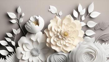 generativo ai, papel cortar arte flores y hojas, blanco color, floral origami texturizado fondo, primavera humor. fotorrealista efecto. foto