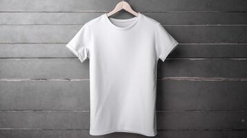 , Realistic white T-Shirt mock up blank on wood background for presentation advertising. Blank business concept photo