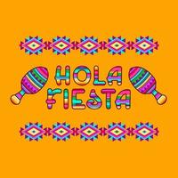 Mexican tribal ethnic ornament and decorated words Hola Fiesta. Vector. vector