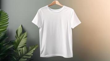 , Realistic white T-Shirt mock up blank on background with plants for presentation advertising. Blank business concept, camping, outdoor and forest photo