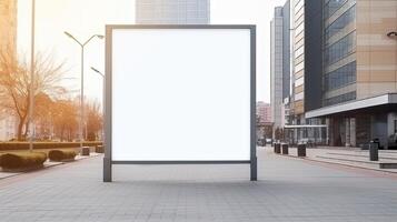 generativo ai, realista calle grande cartelera burlarse de arriba blanco para presentación publicidad. al aire libre firmar blanco en el futurista ciudad, negocio concepto foto