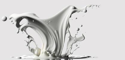 , Flowing liquid with splashes in white color. Glossy cream milk fluid banner, 3D effect, modern macro photorealistic abstract background illustration. photo