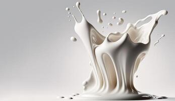 , Flowing liquid with splashes in white color. Glossy cream milk fluid banner, 3D effect, modern macro photorealistic abstract background illustration. photo