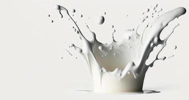 , Flowing liquid with splashes in white color. Glossy cream milk fluid banner, 3D effect, modern macro photorealistic abstract background illustration. photo