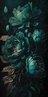 , Close up of blooming flowerbeds of amazing teal flowers on dark moody floral textured background. Vertical format. photo