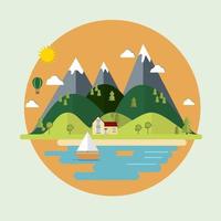 verano paisaje. el aislado naturaleza paisaje con montañas, sierras, río y arboles plano estilo vector ilustración. ecológico conceptos. ambientalmente simpático mundo. antecedentes.