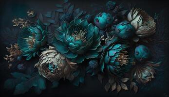 , Close up of blooming flowerbeds of amazing teal flowers on dark moody floral textured background. Photorealistic effect. photo