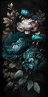 , Close up of blooming flowerbeds of amazing teal flowers on dark moody floral textured background. Vertical format. photo