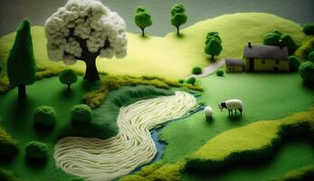 , cute farm landscape made of crochet with trees, river, green grass, farm animals. Dreamy agricultural scene made of wool materials, fabric, yarn, sewing for background photo