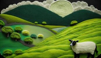 , cute farm landscape made of crochet with trees, river, green grass, farm animals. Dreamy agricultural scene made of wool materials, fabric, yarn, sewing for background photo