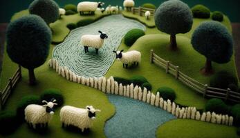 , cute farm landscape made of crochet with trees, river, green grass, farm animals. Dreamy agricultural scene made of wool materials, fabric, yarn, sewing for background photo